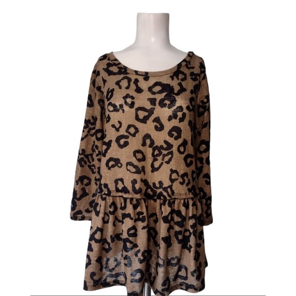 Jodifl Cheetah Print Oversized Knit Top Size S Ruffle Bottom Brown Black Soft - Picture 1 of 6